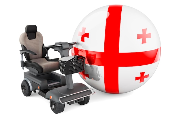 Georgische Flagge mit 3D-Rendering von Powerchair oder elektrischem Rollstuhl auf weißem Hintergrund