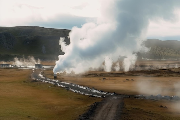 Foto geothermisches energiesystem mit dampffahne aus dem boden, erstellt mit generativer ki