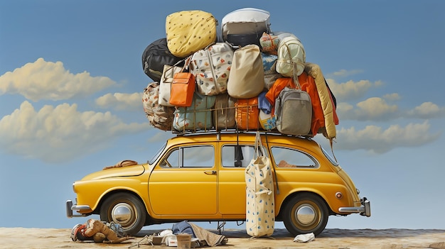 Gepäck auf dem Dach eines alten orangefarbenen Autos. Urlaub und Reisen, ein riesiger Haufen Dinge für den Urlaub