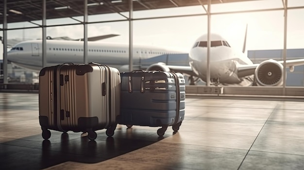 Gepäck auf einem Flughafen mit einem Flugzeug im Hintergrund