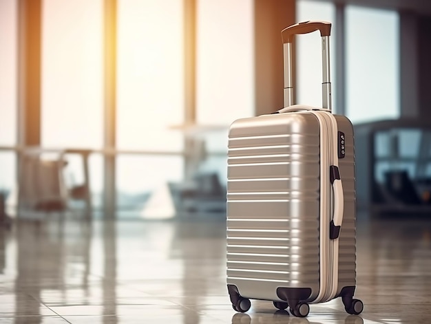 Gepäckkoffer am Flughafen, breites Banner mit Kopierbereich für Urlaubs- und Urlaubsreisekonzepte generativ Ai