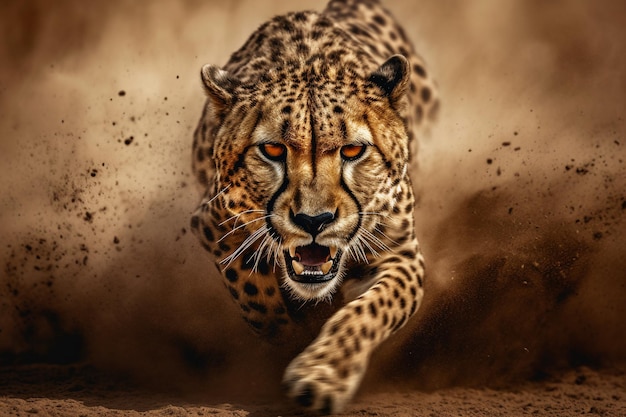 Gepard läuft im Staub Wildtierszene aus Afrika mit KI generiert