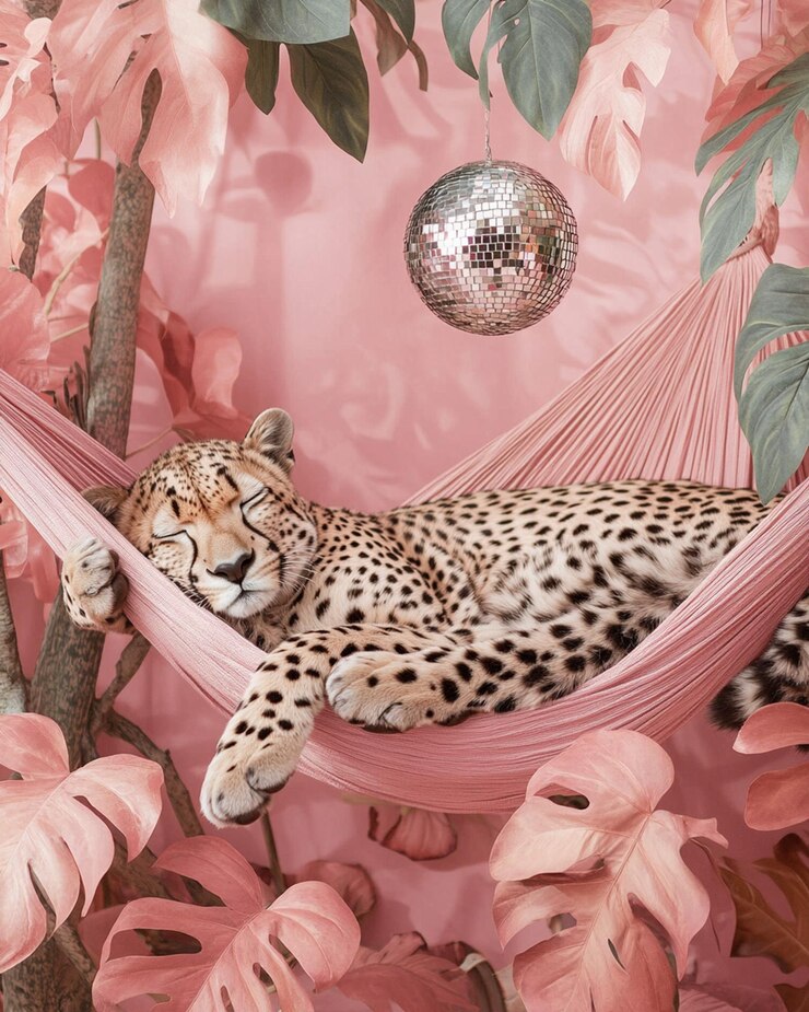 Gepard schläft in einer Hängematte im Dschungel mit rosa und grünen Blättern und hängt eine silberne Disco-Spiegelkugel