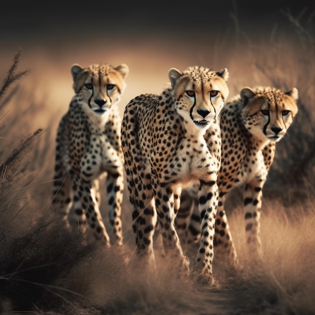 Geparden in freier Wildbahn Drei Geparden laufen über das Feld Naturtierkonzept
