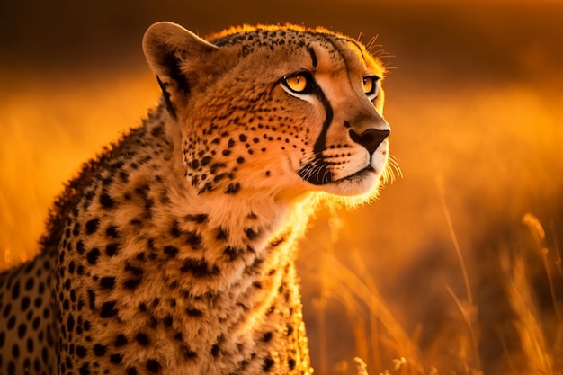 Gepardenjagd in der Savanne Details von Gesicht und Körper des Geparden, aufgenommen in natürlichem Licht während der Goldenen Stunde mit warmen Farben Generative KI