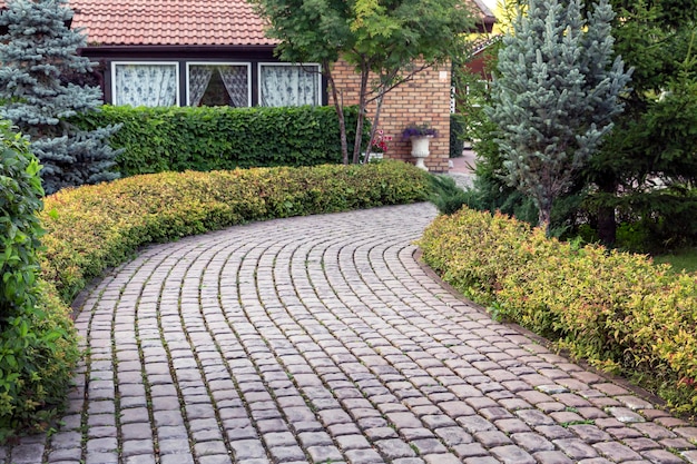 Gepflasterte Allee des Parks mit getrimmten Büschen und Bäumen Landschaftsbau