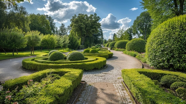 Gepflegter Gartenweg mit geschnittenen Hecken und Kopfsteinpflaster