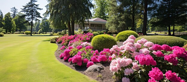 Gepflegter Rasen und Blumenbeet im Freien