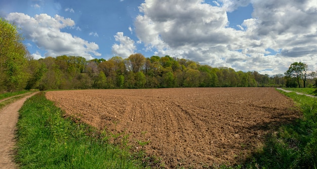 Gepflügtes Feld und blauer Himmel mit Wolken