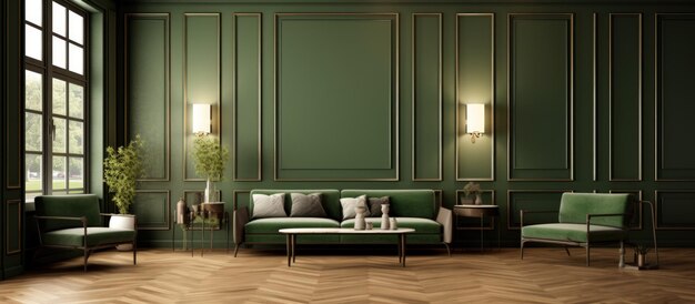 gepolsterte Möbel auf dem Hintergrund einer dunkelgrünen klassischen Wand