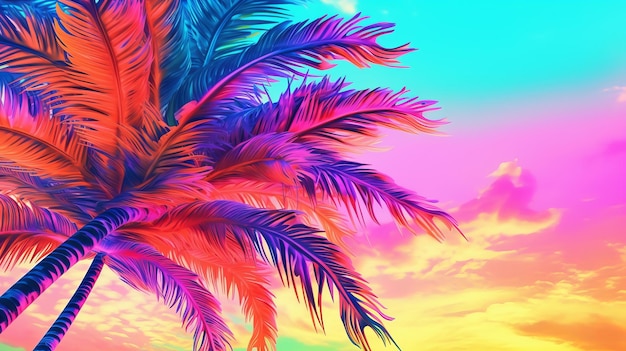 Gepolsterte Palme am Himmel, konditioniert in energiegeladenen, gesprenkelten Regenbogen-Neon-Pastellfarben. Kreative Ressource AI generiert