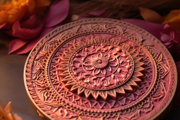 Geprägtes Mandala in warmen Rosa- und Orangetönen mit aufwendigen Blumendetails
