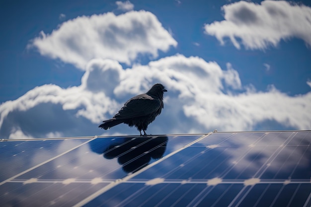 Geração de energia do painel solar contra nuvens brancas com pássaro no céu IA generativa