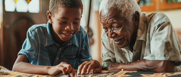 Foto gerações unindo um jogo de ludo entre avô e neto africanos