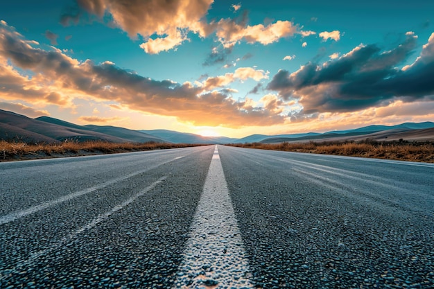 Foto gerade asphaltstraße und berg mit himmelswolken im hintergrund bei sonnenuntergang