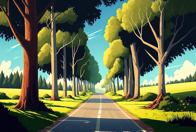 Gerade Straße an einem sonnigen Tag zwischen schönen Waldbäumen