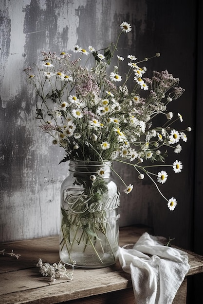 Gerado com AI Bouquet de flores silvestres em uma jarra em uma mesa de estilo campestre