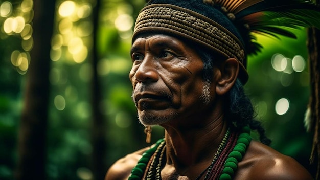 Foto gerado por inteligência artificial retrato de guerreiro asteca ou maia na selva pintura de guerra no rosto homem indiano em penas e amuletos