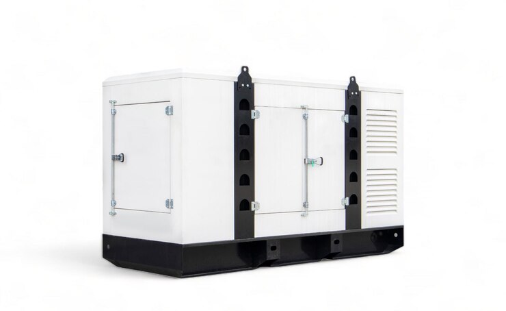 Gerador diesel auxiliar branco industrial móvel e de espera para abastecimento de energia de emergência isolado sobre um fundo branco Gerador de energia de reserva para uso de emergência de eletricidade