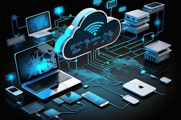 Geräte, die mit der Speicherung im Rechenzentrum verbunden sind, Tablet-Telefon-Heimgeräte mit einer Online-Cloud-Technologie, die generative KI verarbeitet