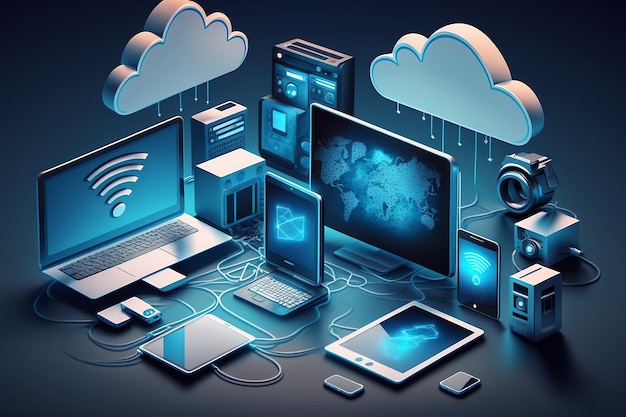 Geräte, die mit der Speicherung im Rechenzentrum verbunden sind, Tablet-Telefon-Heimgeräte mit einer Online-Cloud-Technologie, die generative KI verarbeitet