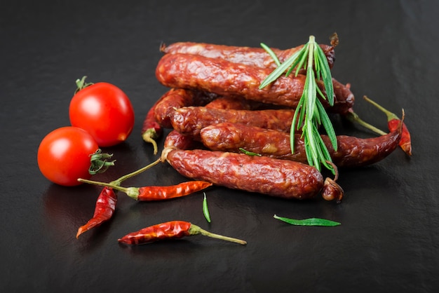 Geräucherte Wurst mit Rosmarin, Pfeffer, Tomaten auf Schwarz