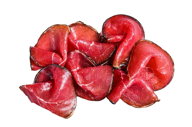 Geräuchertes Bresaola-Rindfleisch geschnittene Stücke Italienische Antipasti isoliert auf weißem Hintergrund