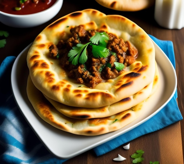 Geräuchertes Hackfleisch gefülltes Naan mit grünen Chilis