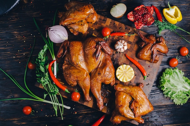 geräuchertes Huhn Huhn in einem Räucherhaus auf einem geschmückten Schneidbrett gebacken