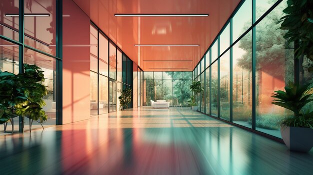 Geräumige, helle, geräumige Räume mit viel Grün hinter dem Glas. Öffentliche Räumlichkeiten für die Büro-Galerie-Ausstellung „Generative Ai“.