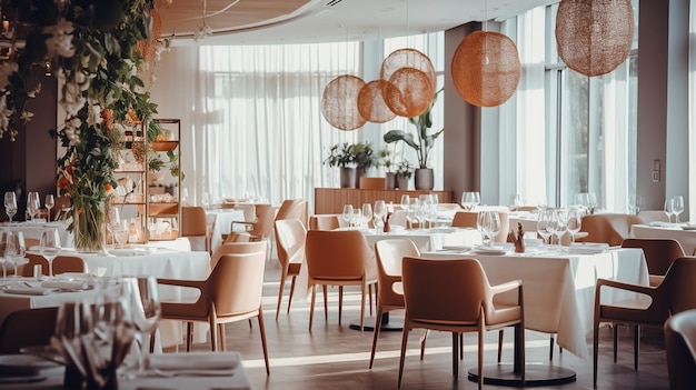 Geräumiger Restaurantbereich mit eleganten Tischen und pfirsichfarbenen Stühlen