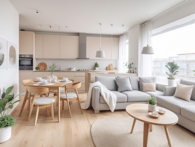 Geräumiges, helles Studio-Apartment im skandinavischen Stil mit generativer KI