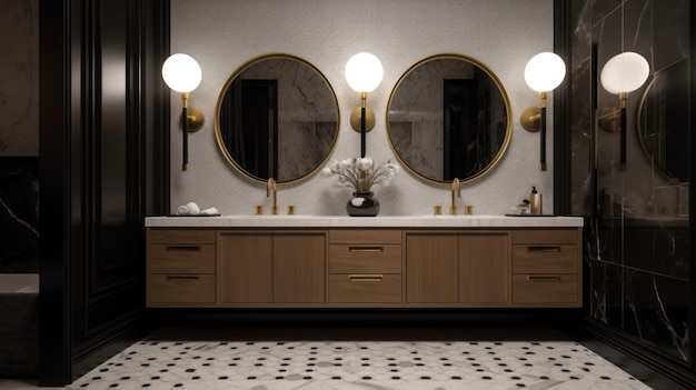 Geräumiges, modernes, klassisches Hauptbadezimmer mit zwei Waschbecken, schwarzen und weißen Wänden, großen edlen Holzmöbeln