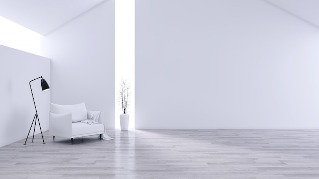 Geräumiges modernes und minimalistisches Wohnzimmer, schwarz-weißes Interieur