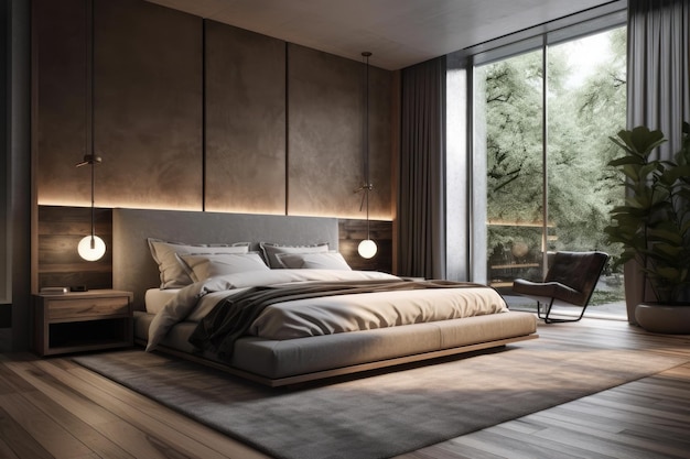 Geräumiges Schlafzimmer mit Kingsize-Bett und Panoramafenster Generative AI