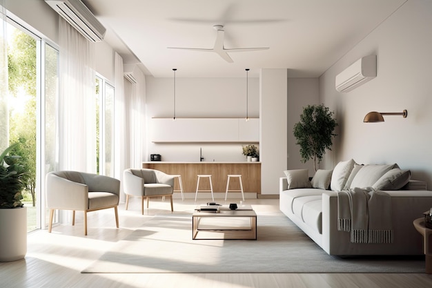 Geräumiges und helles Wohnzimmer mit reichlich Sitzgelegenheiten und natürlichem Licht Generative AI