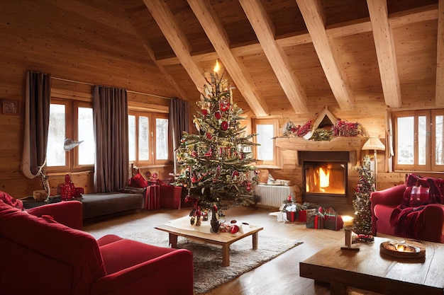 Geräumiges Weihnachtszimmer mit roten Innensofas, die mit Weihnachtsbaum und Geschenken geschmückt sind