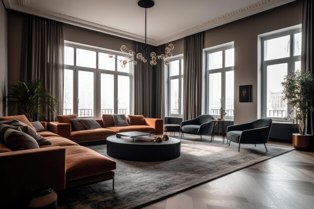 Geräumiges Wohnzimmer mit modernen Möbeln und natürlichem Licht durch große Fenster mit generativer KI