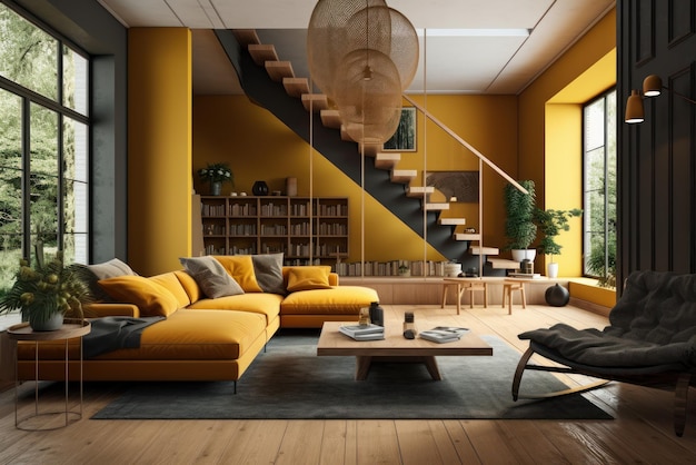 Geräumiges Wohnzimmer mit modernen Sofas, Holzböden, pastellfarbenen Wänden, großer offener Raum mit Treppen