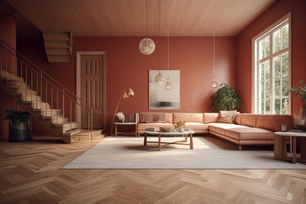 Geräumiges Wohnzimmer mit modernen Sofas, Holzböden, pastellfarbenen Wänden, großer offener Raum mit Treppen