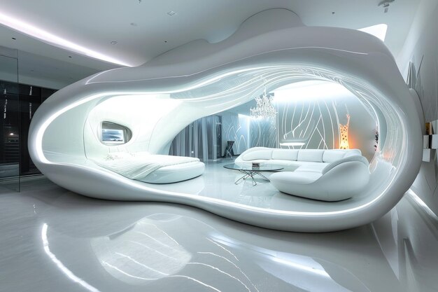 Geräumiges Wohnzimmer mit weißen Möbeln und großem Spiegel Futuristisches Smart Home-Design im minimalistischen Stil KI-generiert