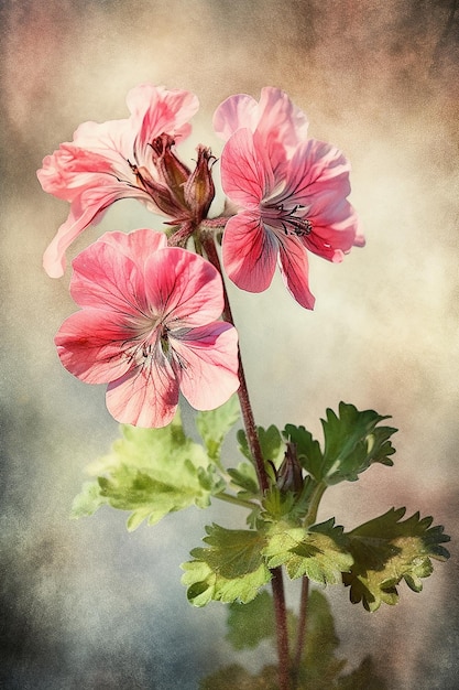 Un geranio rosa con hojas y flores.