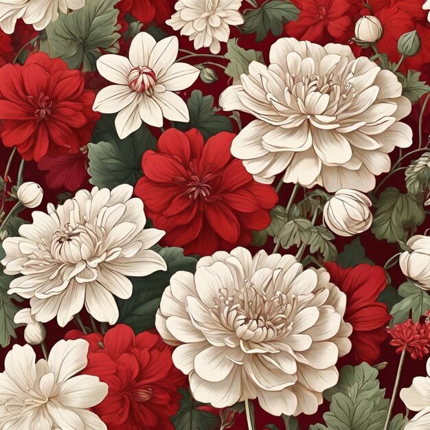 Foto gerânio vermelho e flores de dália branca ilustração vintage desenho de papel de parede da natureza