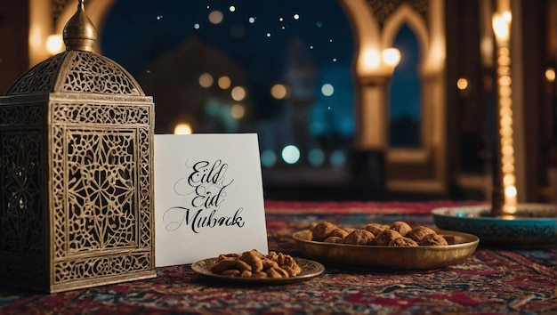 gerar cartão de saudação com mensagem de saudações como Eid Mubarak o mais claro possível