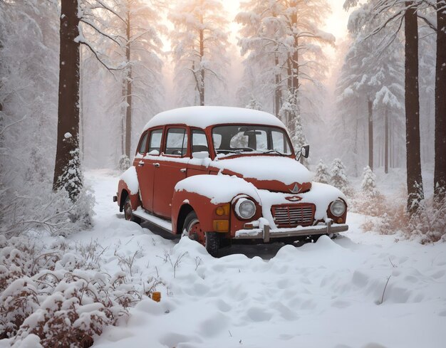 Gerar IA O carro velho vermelho está coberto de neve na floresta Temporada de inverno