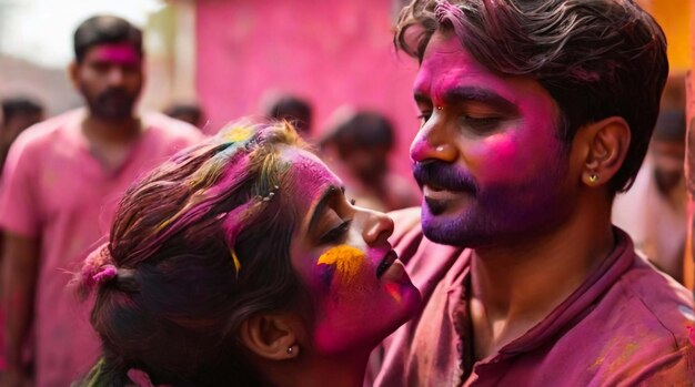 Gerar imagem Homem colocando cor no rosto de uma mulher durante a celebração de holi