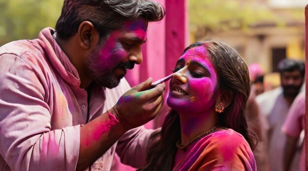 Gerar imagem Homem colocando cor no rosto de uma mulher durante a celebração de holi