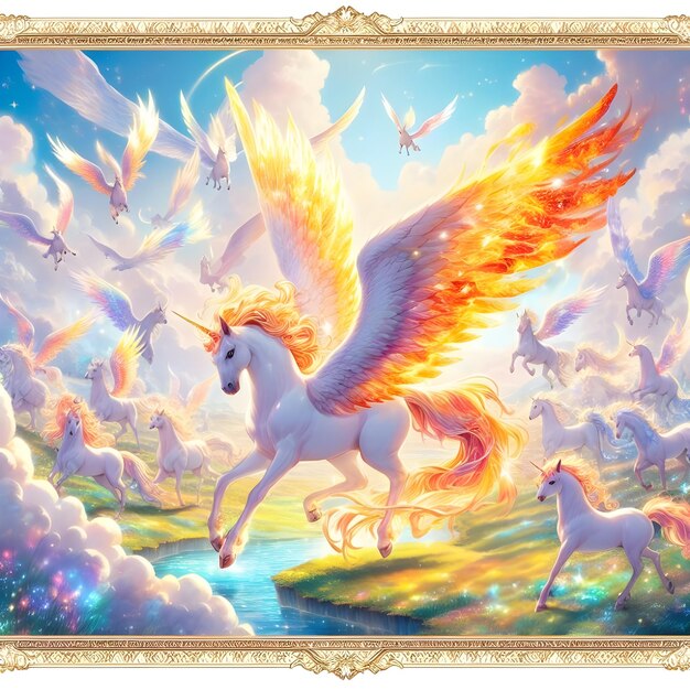 Gerar uma imagem animada de uma fazenda celestial cheia de Pegasus