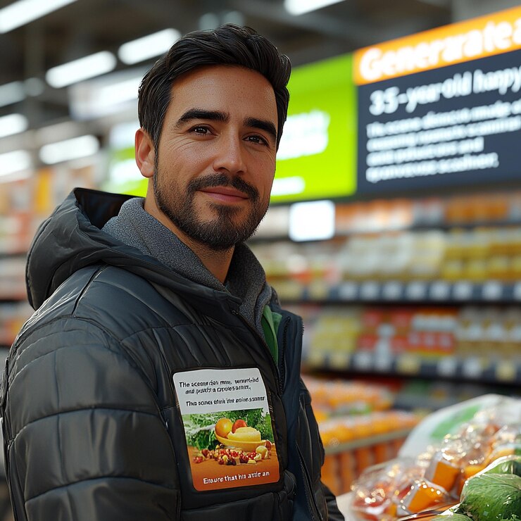 Foto gerar uma imagem hiperrealista de um homem espanhol feliz de 35 anos trabalhando como caixa de supermercado