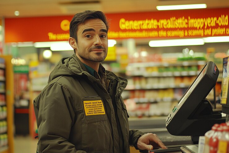 Foto gerar uma imagem hiperrealista de um homem espanhol feliz de 35 anos trabalhando como caixa de supermercado